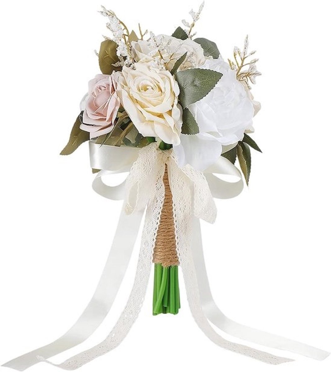 Rozenboeket Bruiloft - Bruidsboeket Kunstbloemen - Bruiloft Decoratie - Realistisch Uiterlijk - 30x20x20 cm - Wit