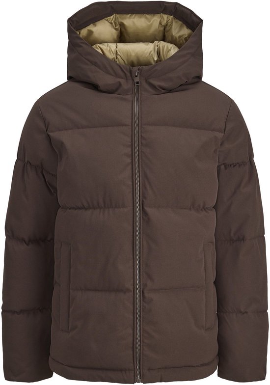 Bruine puffer jas van Jack & Jones voor jongens, met capuchon en ritssluiting.