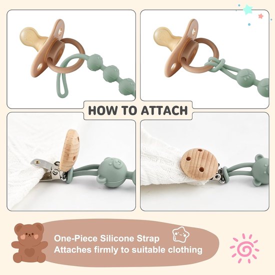 Siliconen Baby Koorden - 4 Stuks - Speenkoord - Spenenketting - Speenlint - Fopspeenkoord - Accessoires Baby - Kinderwagen - Speenclips - Fopspeenhouder - BPA vrij - Voor Speen, Bijtring of Speelgoed - Blauw+Groen+Geel+Bruin — afbeelding 2