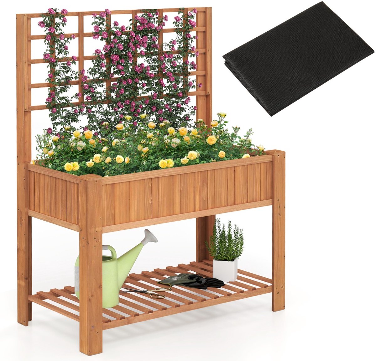 SureDeal® - Plantenbak - Houten Verhoogd Bed - Trellis - Opbergruimte Bloemenbed - Afvoergaten Tuinbed Bruin - 116x59x150 cm - Koffiebruin