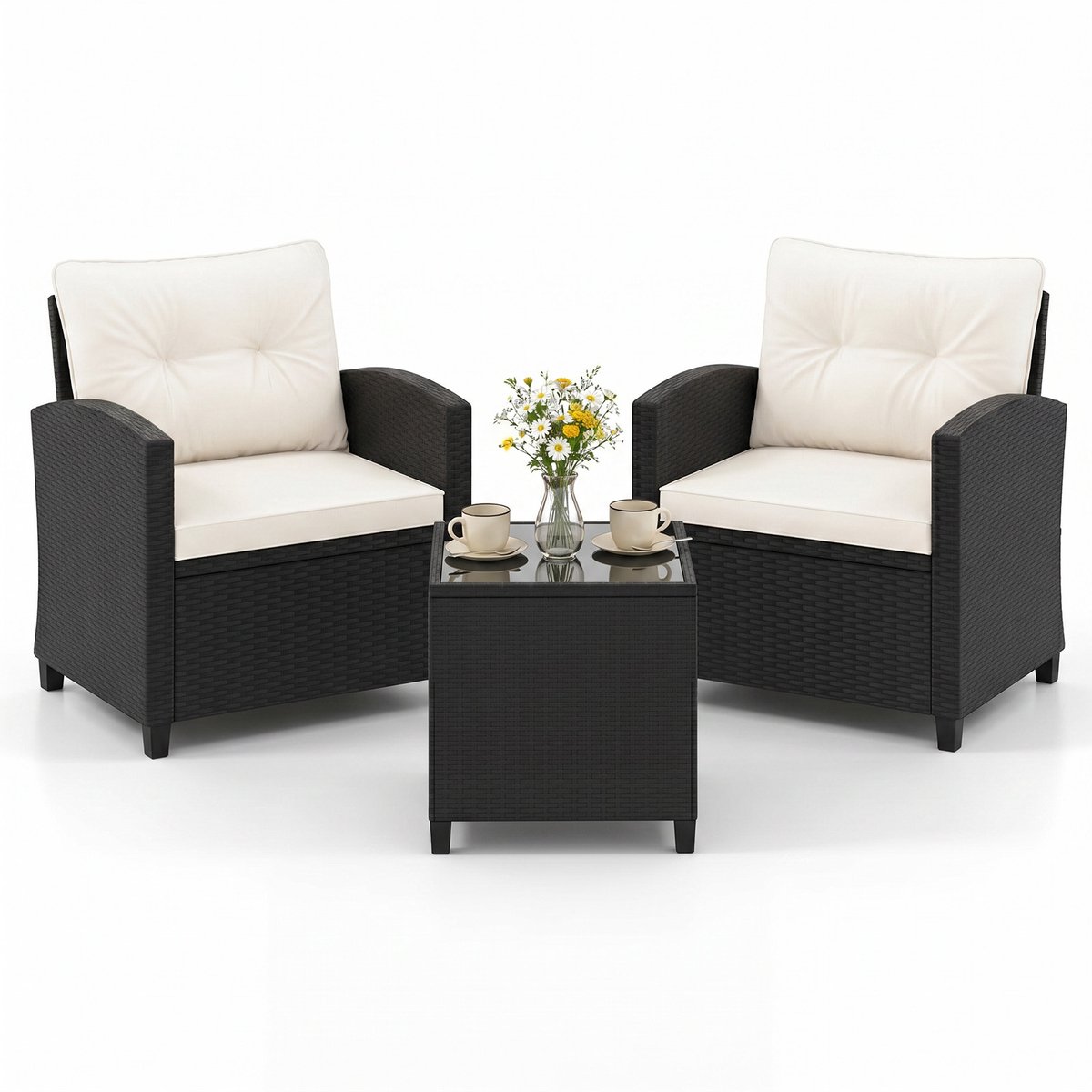 SureDeal® - Tuinset - 3-delige Loungeset Rotan - Zit - Rugkussens Bijzettafel Comfortabele - Tuin Zwart - Beige - 44,5x44,5x45 cm - Wit