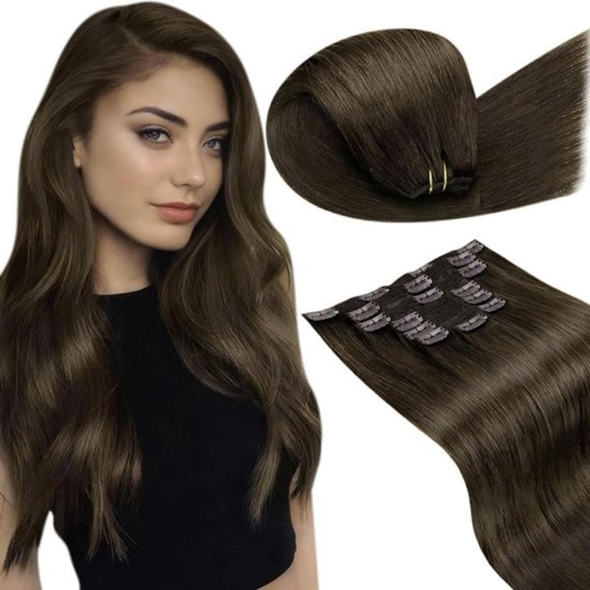 Clip in Extensions - Echt haar - Volume creëren - Dubbele inslag klemmen - 150 gram 50 cm - Donkerbruin