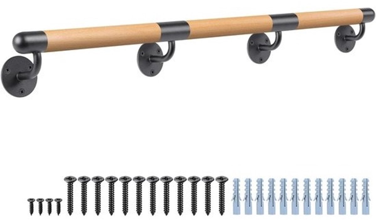 Houten Trap Leuning 300cm Met Bevestiging - Wandgemonteerde Handrail voor Binnen en Buiten