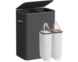 Conway Living® XXL Wasmand met Deksel en 2 Vakken - 170 Liter Sorteerwasmand met Labels - Uitneembare Waszakken - Inklapbaar - 56x40x75 cm - Zwart