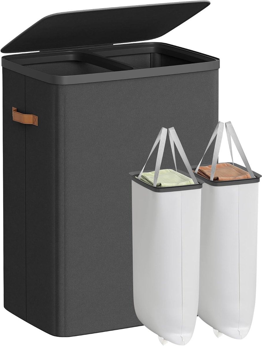 Conway Living® XXL Wasmand met Deksel en 2 Vakken - 170 Liter Sorteerwasmand met Labels - Uitneembare Waszakken - Inklapbaar - 56x40x75 cm - Zwart