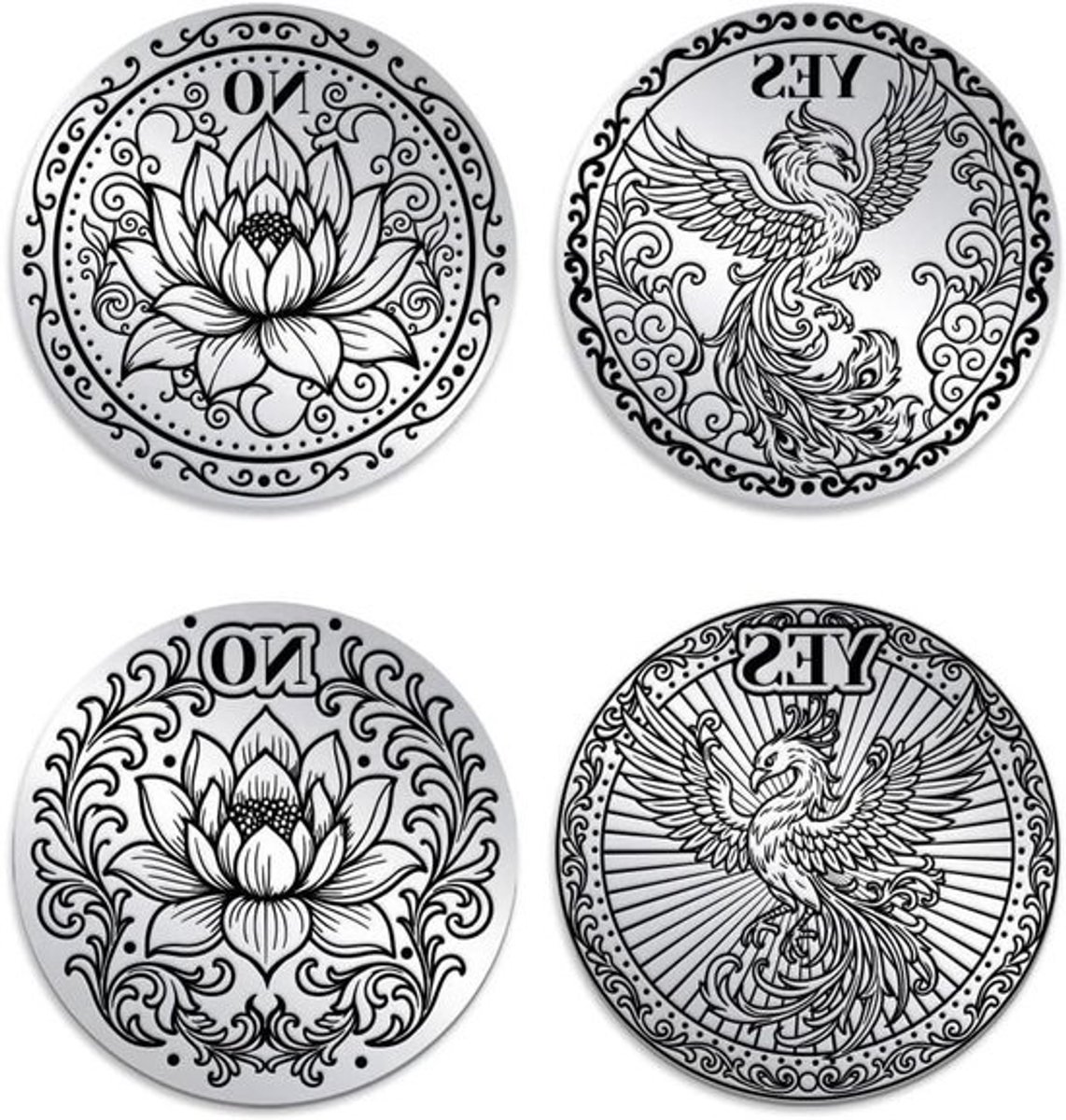 MK Stoer - Uitdagingsmunten - Metaal - Lotus en Feniks - Beslissingsmunten - Geschenken - Herdenkingsmunten - Geluksmunt - Token - Vraag Antwoord - 2 Stuks - Ja Nee - Mannen Vrouwen - Geschikt voor - Gift - Zilverachtig - Munten - Vrienden