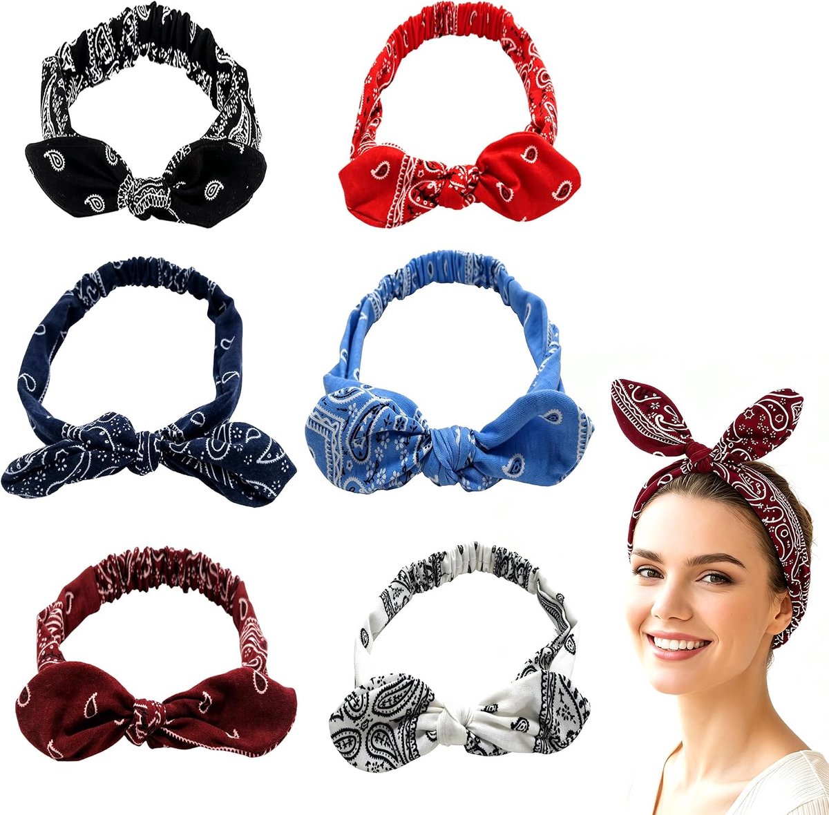 Haarband voor dames, elastisch, boho-print, 6 stuks