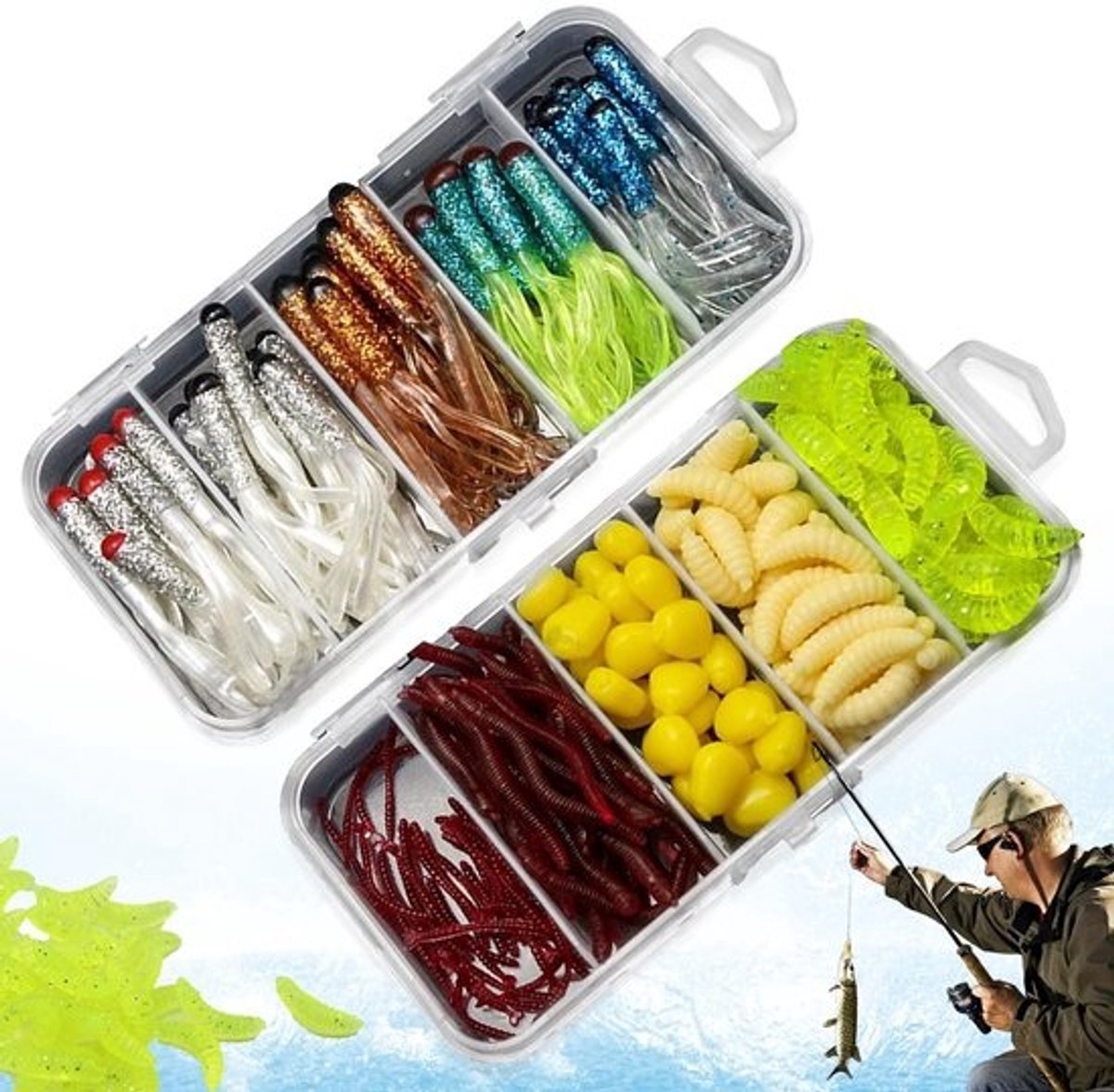 Dailygoods- Vissersaas 210 Stuks - Levensechte Kunstmatige Wormen - Rubberen Aas - Snoek/Roofvis - Zacht/Elastisch - Lichtgevend Effect - Kunstaas