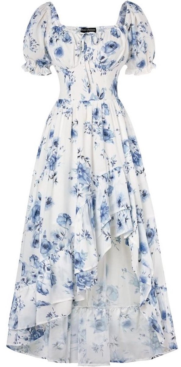 Dames Renaissance Midi Jurk Korte Mouw Vierkante Hals A-lijn Met Bloemenprint