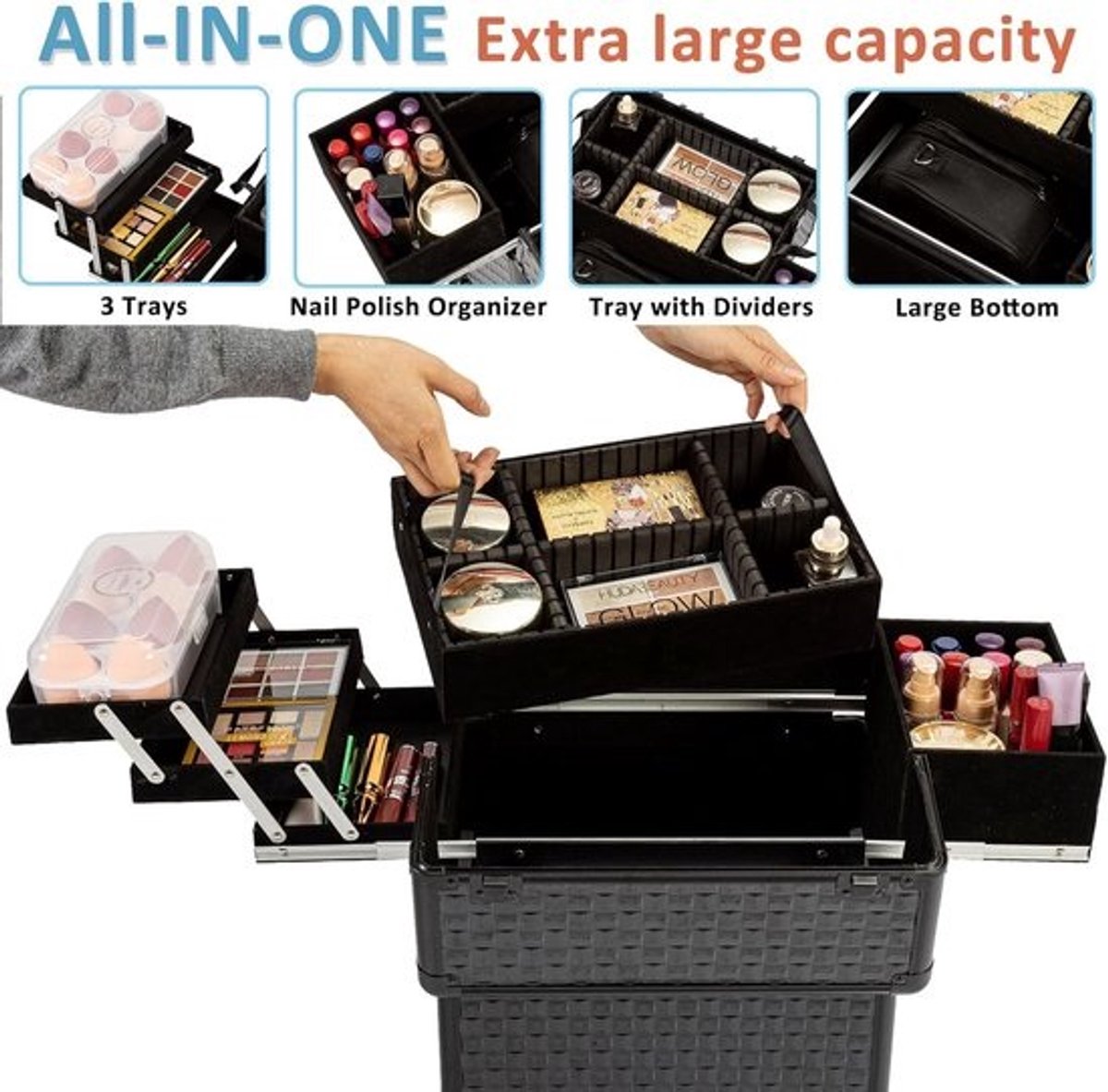 Verrijdbare Make-up Trolley Koffer met Uitschuifbare Werkplek en 4 Lades