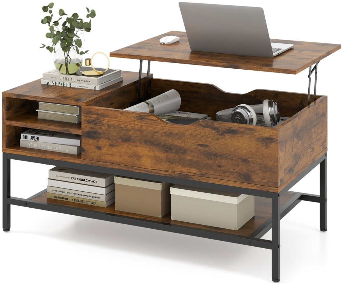 SureDeal® - Salontafel - Hoogte Verstelbaar Tafelblad - Verborgen Opbergruimte - 99,5x49,5x47,5 cm - Koffiebruin