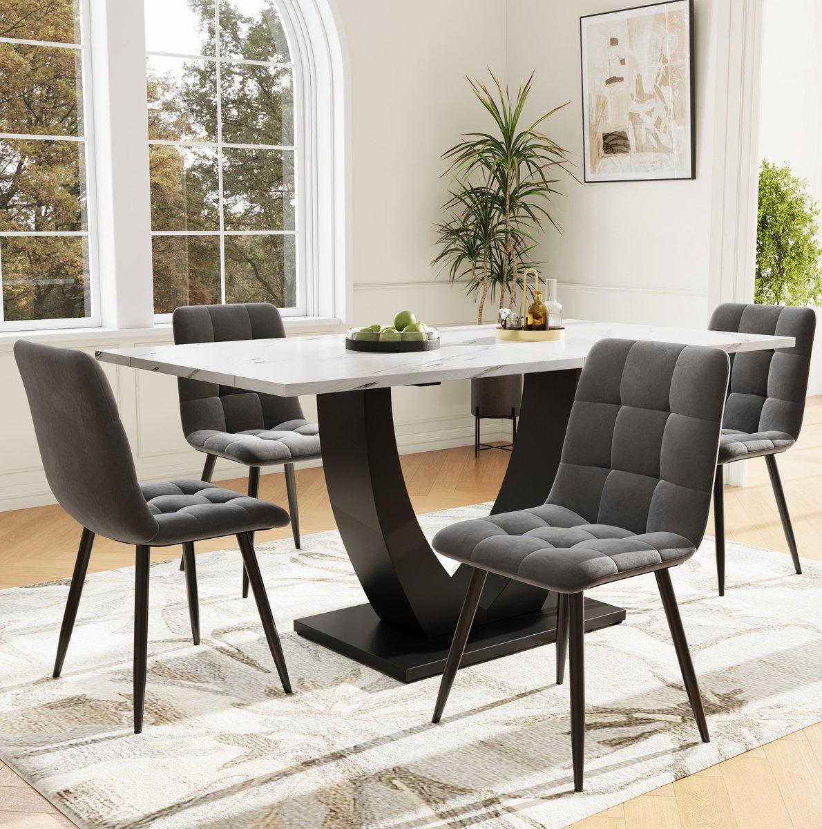 Wishdor Eettafelset met 4 stoelen - 5-delig - Wit marmerlook tafelblad - Zwarte U-poot - Grijze velvet stoelen - Modern - Eetkamer keuken - Hout metaal - 140 x 80 x 75,5 cm