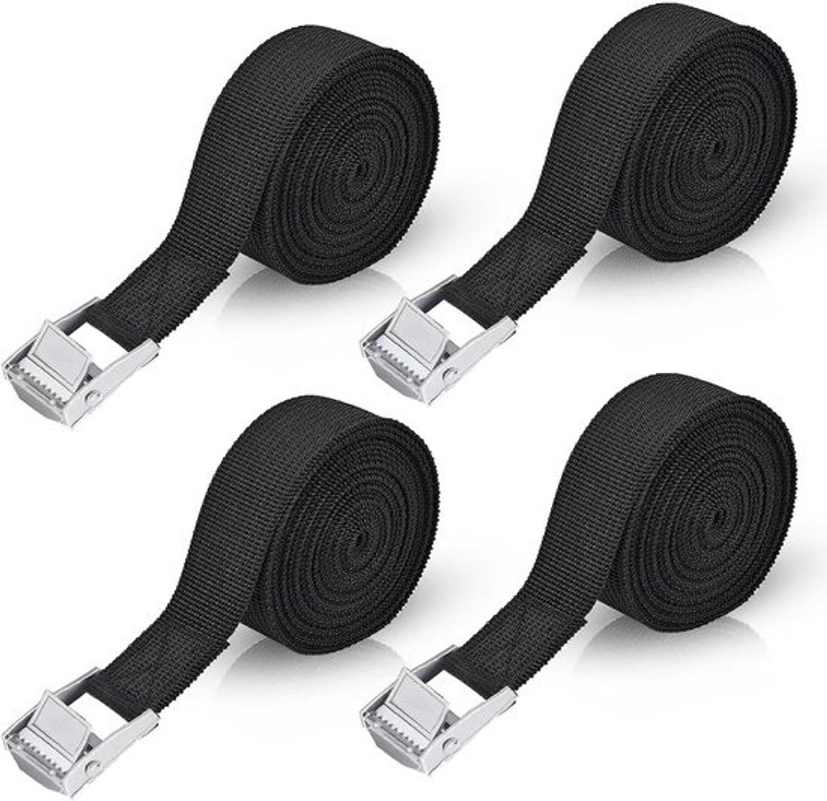 SnelShoppen - Pack van 4 Verstelbare Lashing Straps 3m x 2.5cm, Zwart met Klem Lock, Ideaal voor Fietsendrager, Motor, Auto, Luggage, Tot 500 kg