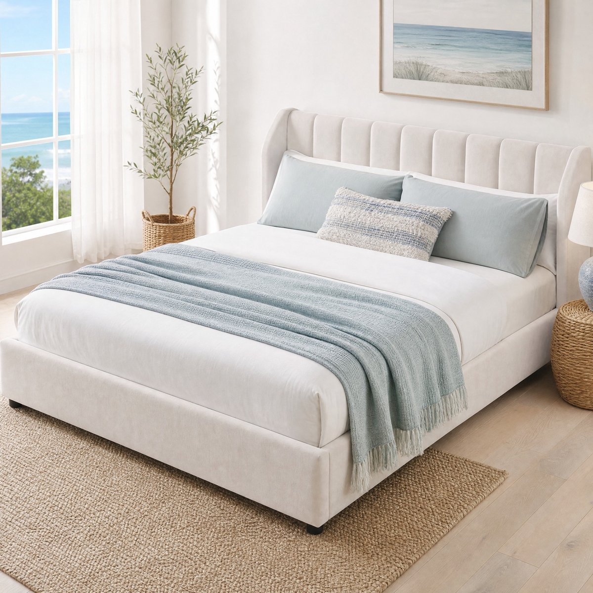 REDOM - Bedframe - Geïntegreerd lattenbodem - Gestoffeerd platformbed - Moderne stijl - Slaapkamer - MDF en stof - Beige - 191 x 212 x 89 cm