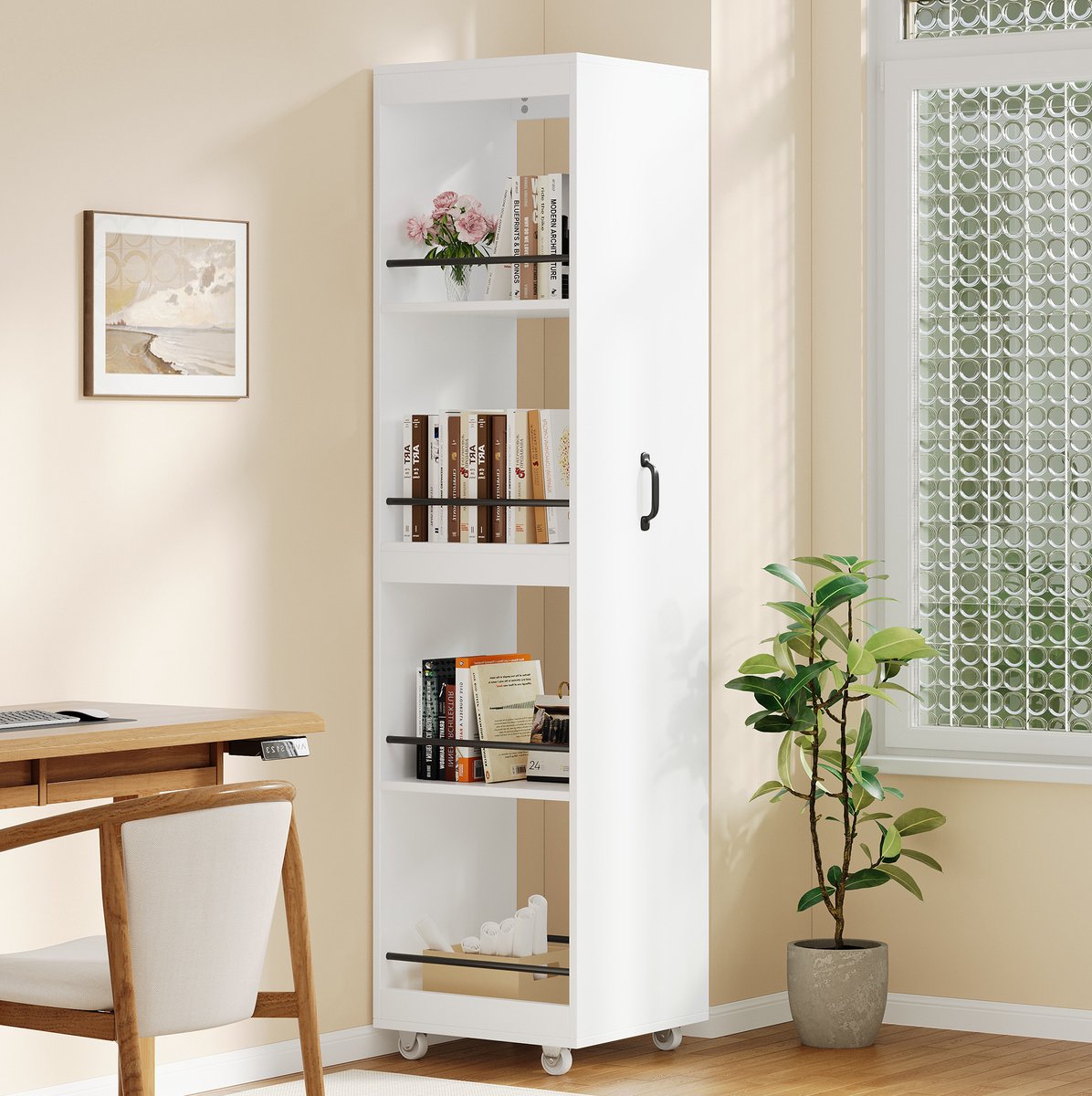 REDOM Boekenkast - Smal en hoog - Met wielen - Met beschermstangen - Open opbergrek - Woonkamer, keuken of badkamer - MDF - Wit - 40 x 30 x 160,5 cm