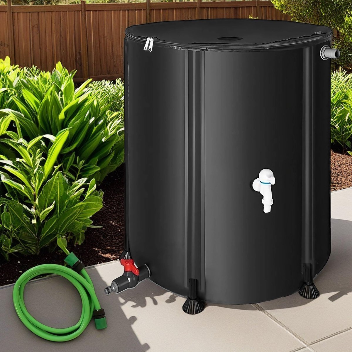 Famanu – Opvouwbare regenton van 750 l met afvoerkraan, PVC-steunstaven en 2 m waterslang, mobiel regenvat met overloopbeveiliging, weerbestendig voor tuinberegening