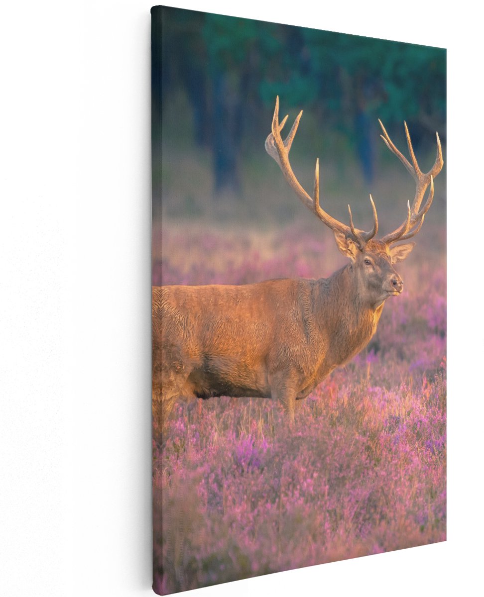 Artaza Canvas Schilderij Hert In De Weide Tijdens Zonsondergang - 120x180 cm - Groot - Wanddecoratie Woonkamer - Schilderijen - Muurdecoratie