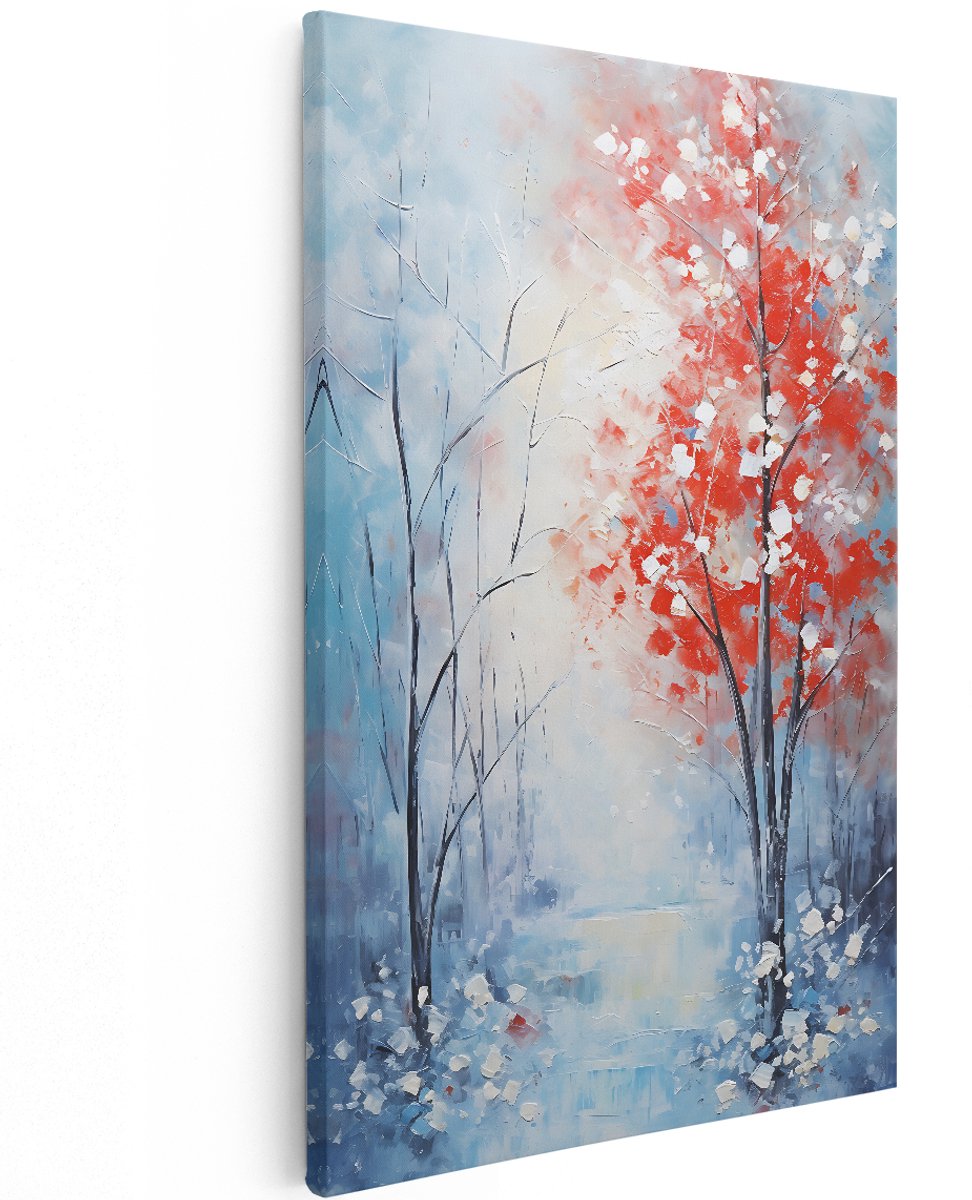 Artaza Canvas Schilderij Wintersbos - Rode Boom -Olieverf Tekening - 120x180 cm - Groot - Foto Op Canvas - Wanddecoratie Woonkamer