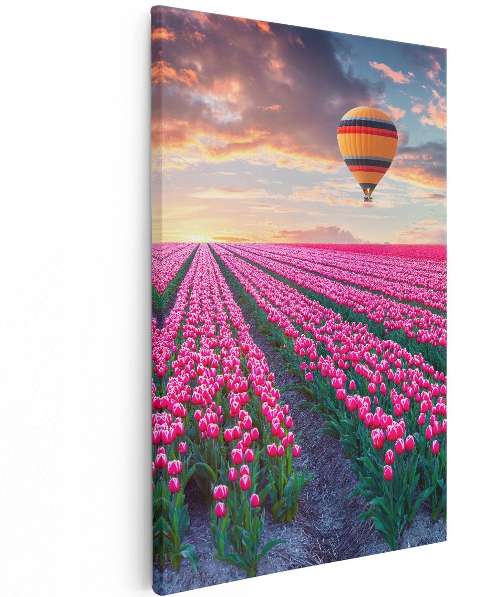 Artaza Canvas Schilderij Bloemenveld Met Roze Tulpen - Luchtballon - 120x180 cm - Groot - Wanddecoratie Woonkamer - Schilderijen - Muurdecoratie