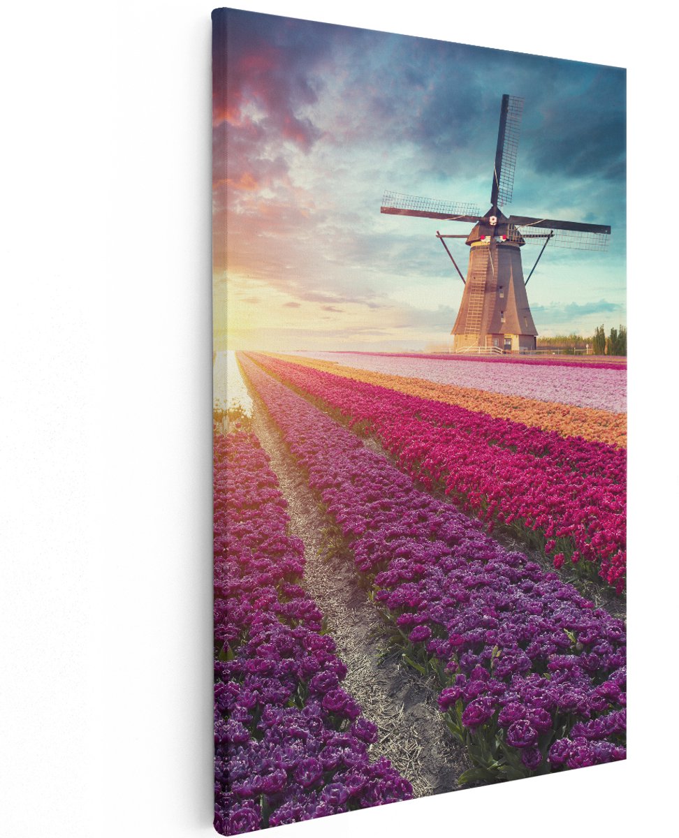 Artaza Canvas Schilderij Kleurrijke Tulpen Bloemenveld - Windmolen - 120x180 cm - Groot - Wanddecoratie Woonkamer - Schilderijen - Muurdecoratie
