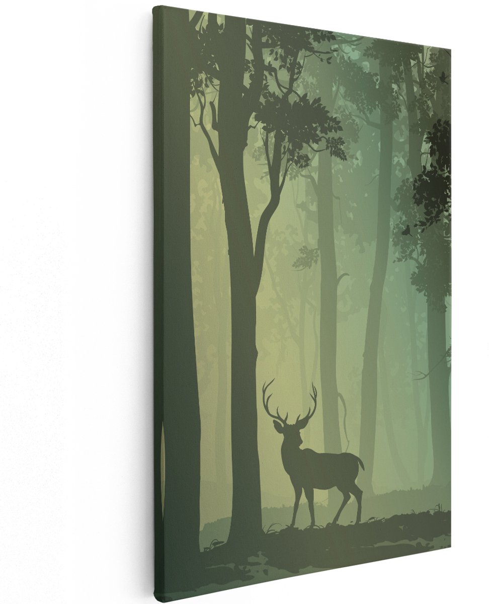 Artaza Canvas Schilderij Hert In Het Bos - Silhouet - 120x180 cm - Groot - Wanddecoratie Woonkamer - Schilderijen - Muurdecoratie