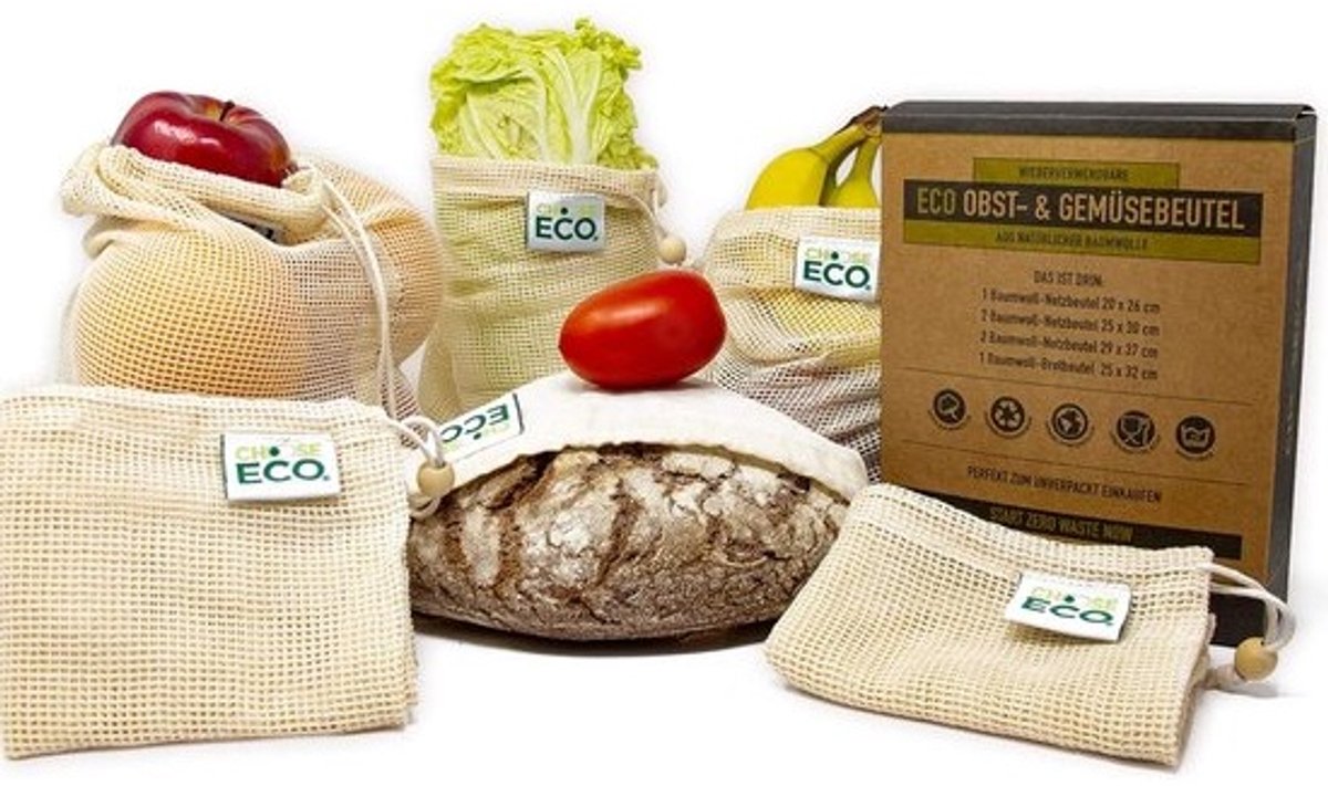 6 stks herbruikbare boodschappennetten biologisch katoen met tarra-aanduiding plasticvrij