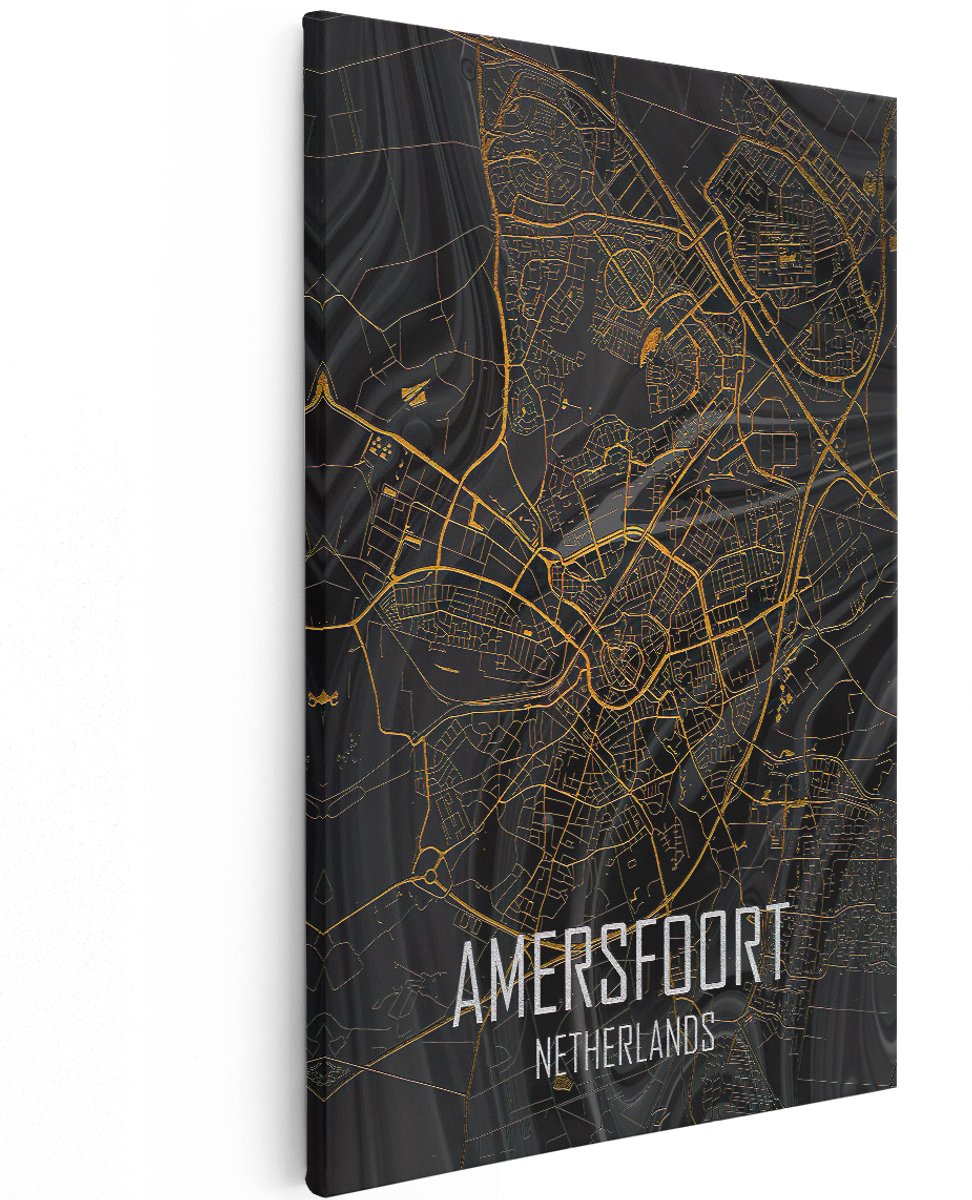 Artaza Canvas Schilderij Stadskaart Amersfoort in het Goud en Zwart - 120x180 cm - Groot - Muurdecoratie - Canvas Print