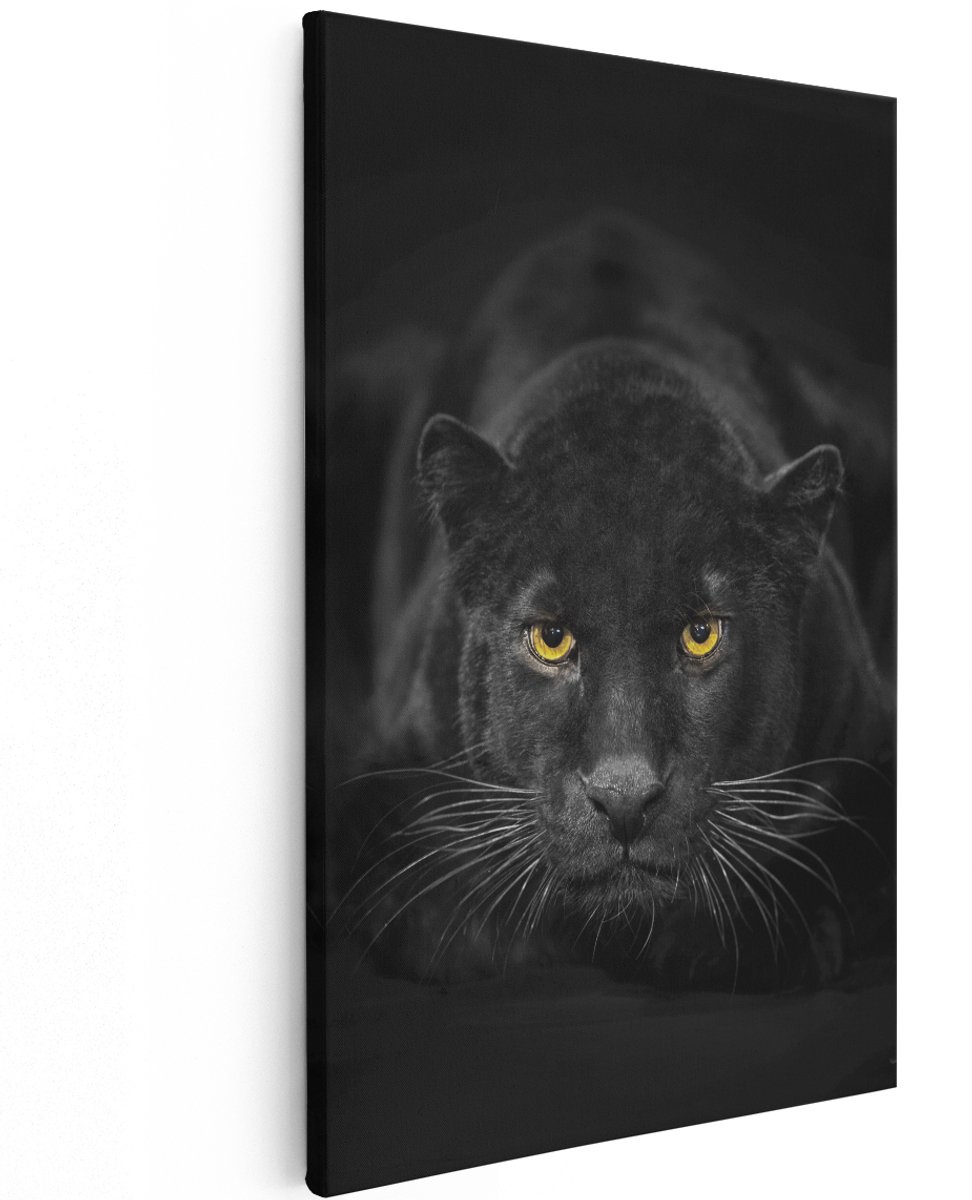 Artaza Canvas Schilderij Zwarte Panter Met Oranje Ogen - 120x180 cm - Groot - Wanddecoratie Woonkamer - Schilderijen - Muurdecoratie