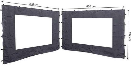 Twee antracietgrijze zijwanden met PVC-ramen, afmetingen 300 cm en 400 cm breed bij 197 cm hoog.