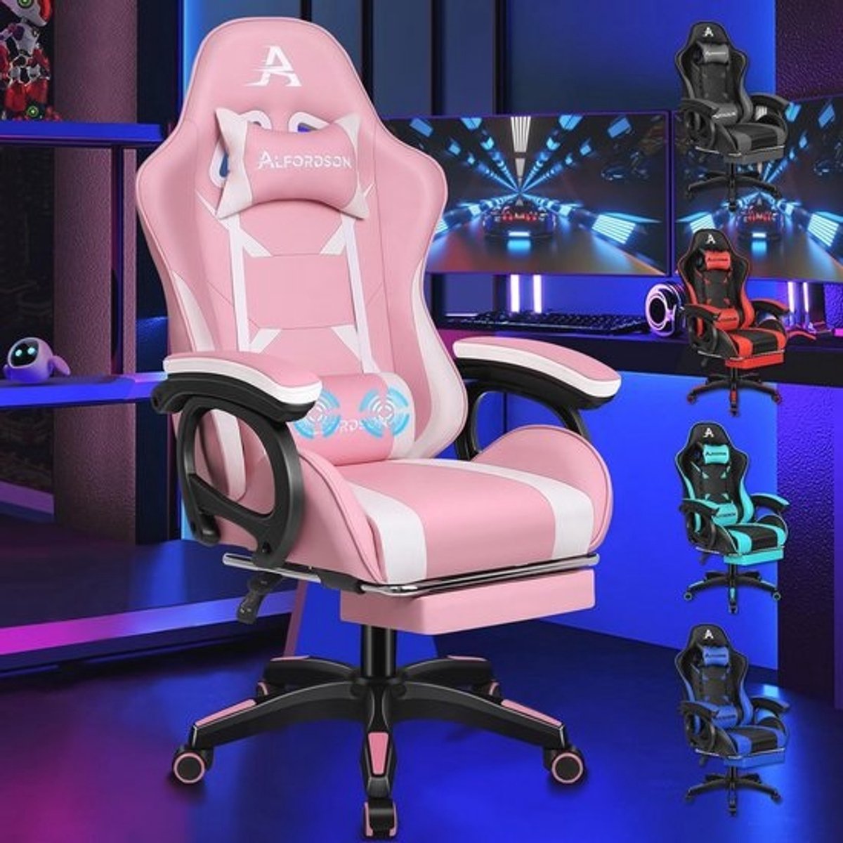 Ergonomische Gamingstoel met Massage en Verstelbare Voetensteun - Roze