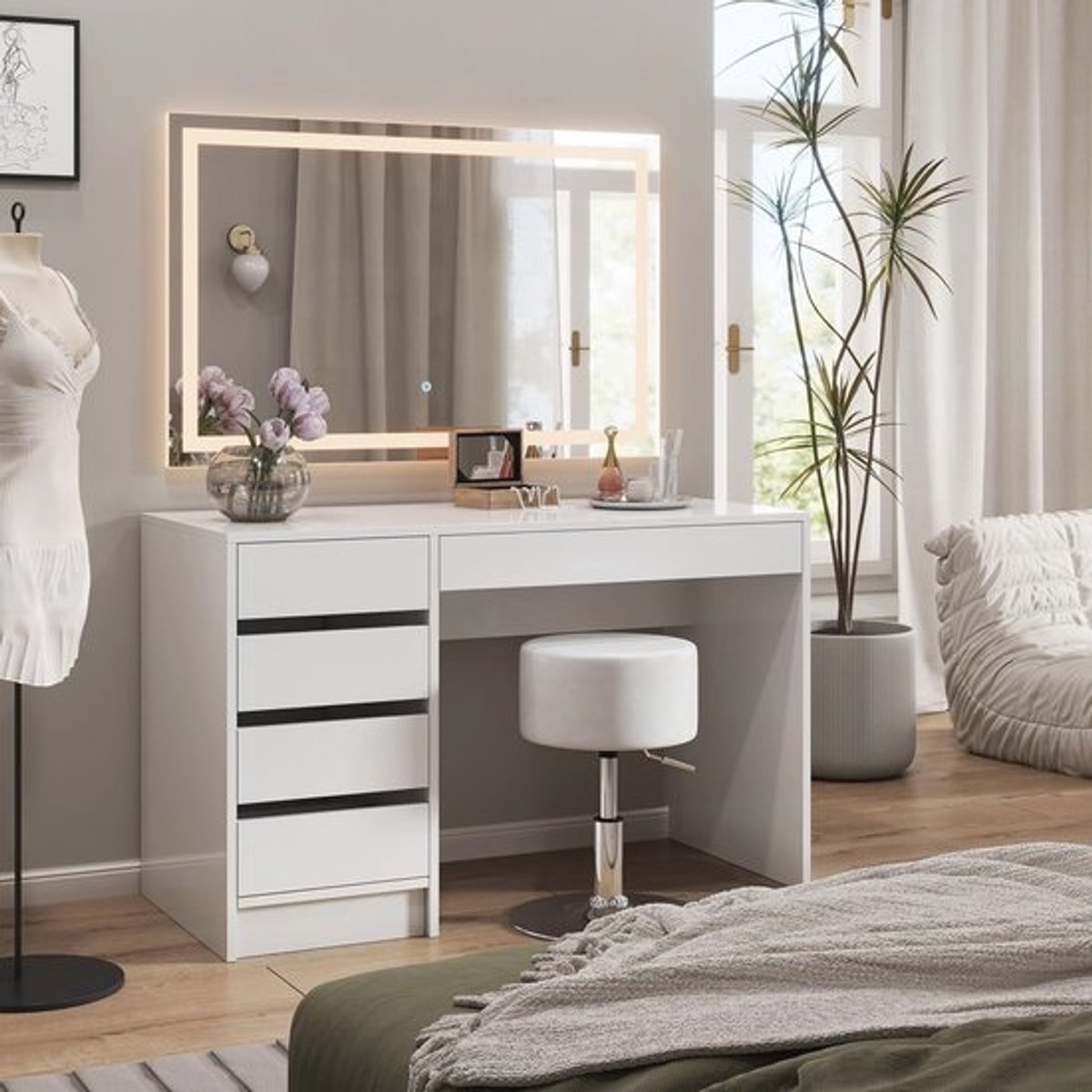 Stijlvolle Make-uptafel met LED Spiegel en Lades voor Dames