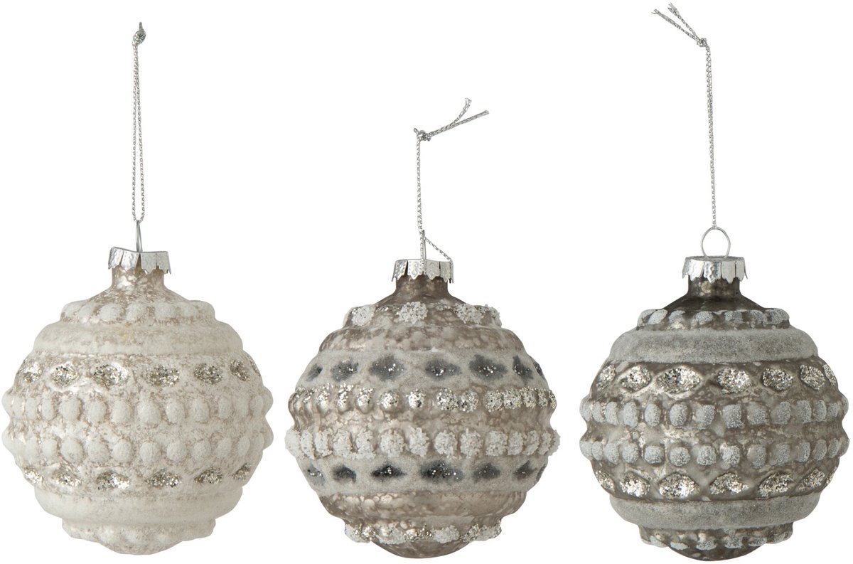 J-Line Kerstbal - glas - ecru/grijs - small - assortiment van 3
