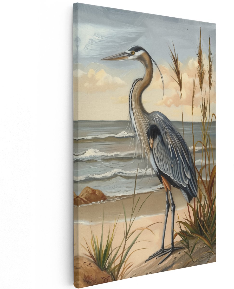 Artaza Canvas Schilderij Blauwe Reiger op het Strand - Dieren - 120x180 cm - Groot - Wanddecoratie Woonkamer - Schilderijen - Muurdecoratie