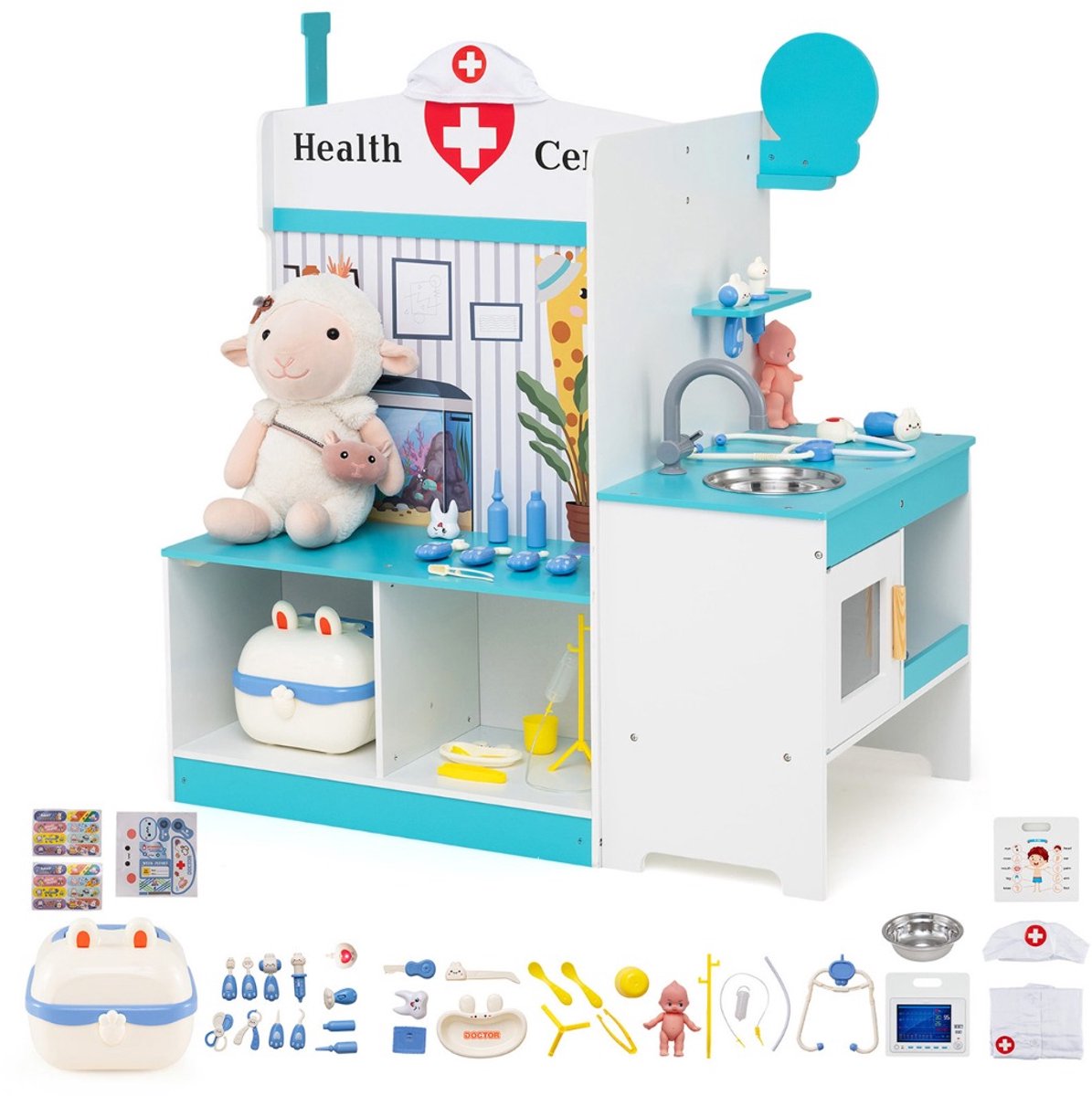 SureDeal® - Rollenspell - Kinderarts Speelset Houten - Wastafel ECG Monitor - Leuningaccessoires - 93x54,5x98,5 cm - Blauw & Wit