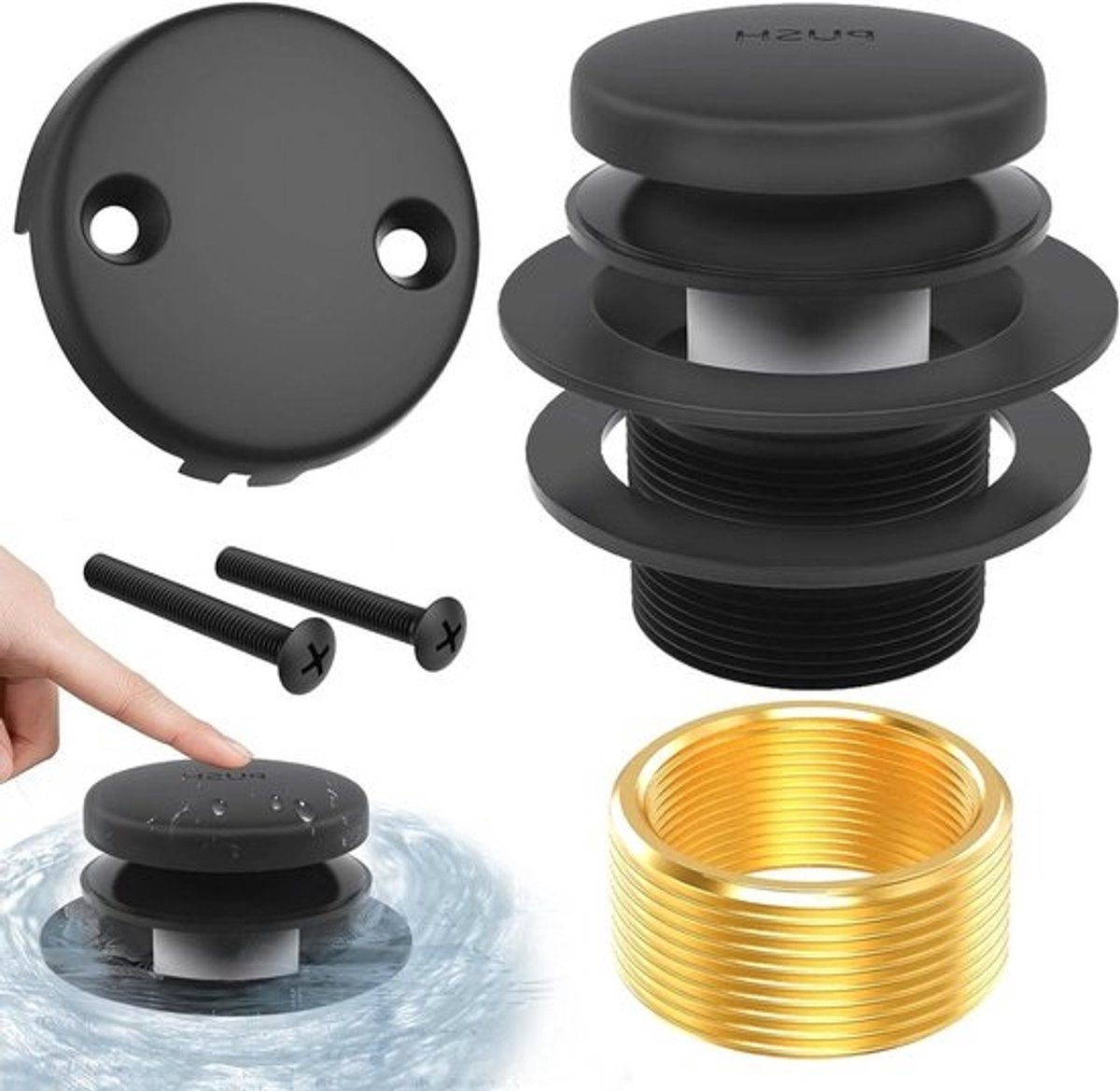 Afvoerset Badkuip - Badstop Overloop - Badkamer Vernieuwen - Volledig Koperen Constructie - Universeel 3.5/3.8cm - Elegant Zwart