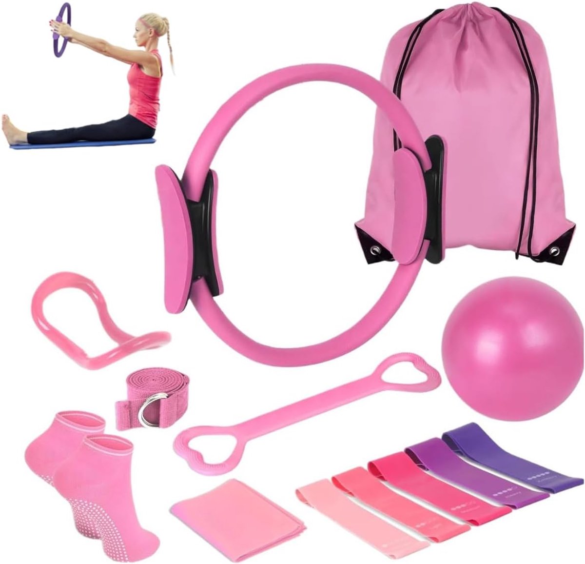 Pilates Set 13 Delig - Complete Thuis Workout Apparatuur met Yogabal en Weerstandsbanden - 25 cm Yoga Ring en Accessoires - Essentiële Pilates Uitrusting voor Vrouwen