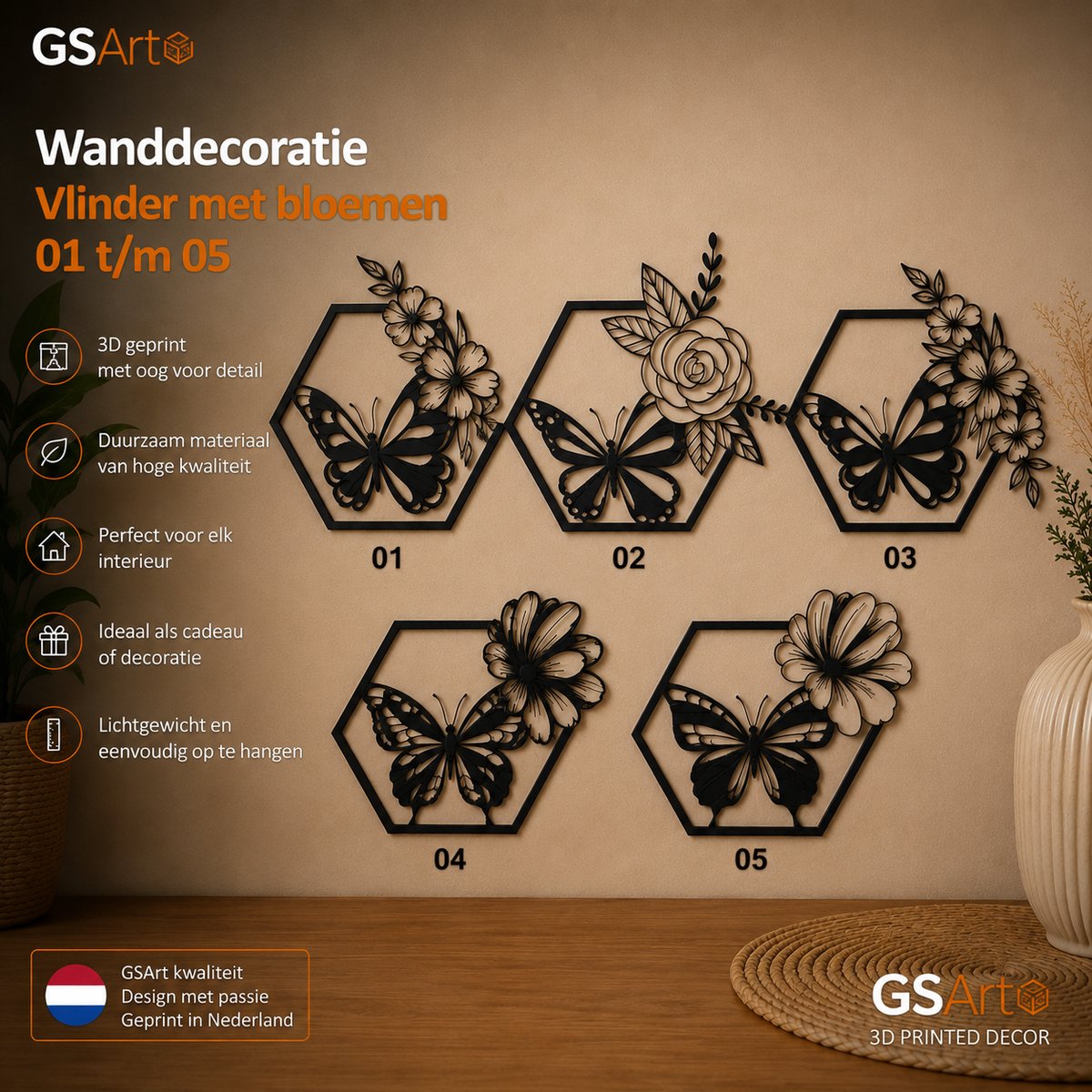 GSArt Wanddecoratie Vlinder met Bloemen 01 t/m 05 25 cm – 3D Geprinte Muurdecoratie