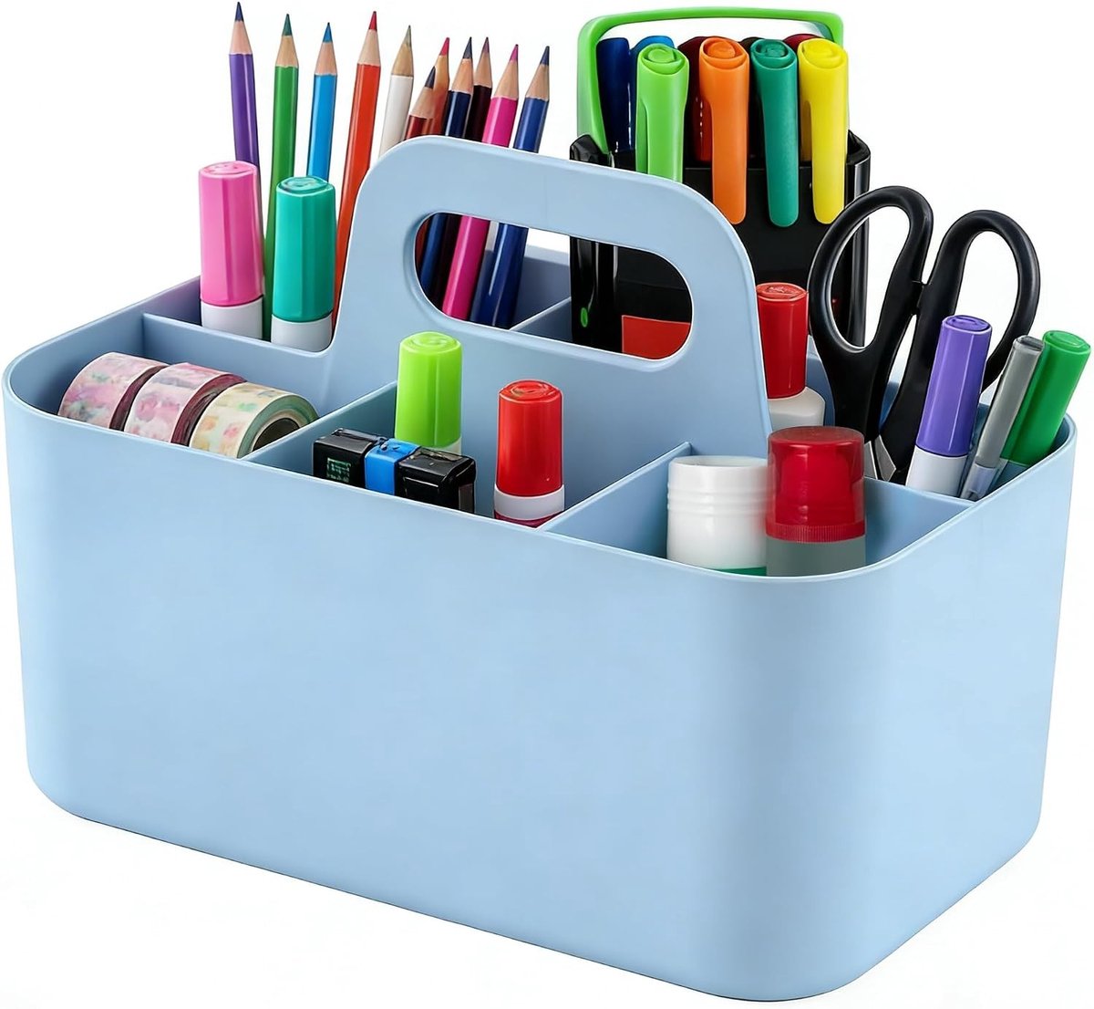 Stapelbare opbergmand met handvat, multifunctionele kunststof organizer voor schoonmaakmiddelen, make-up en knutselspullen met 5 vakken