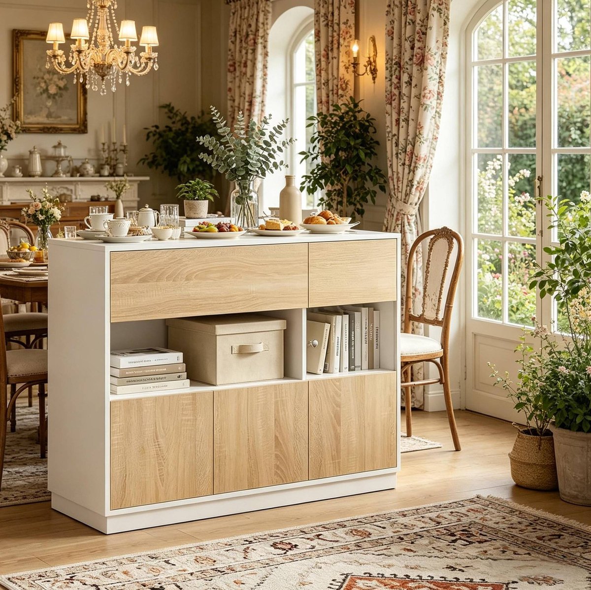 MODFU - Dressoir - Open Vak En Kastdeuren - Wit En Licht Eiken - 100 X 40 X 80 Cm