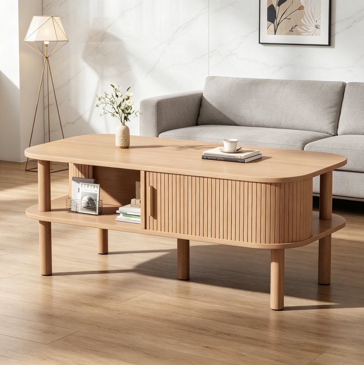 MODFU - Salontafel - Schuifdeur - Scandinavisch - Houtkleur - MDF - 110 X 55 X 45 Cm