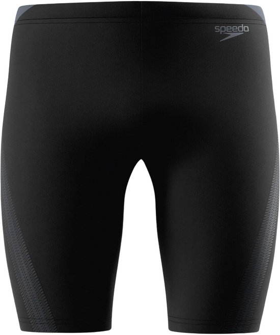 Zwarte Speedo jammer met grijs Speedo logo en grijze accenten op de zijkant.