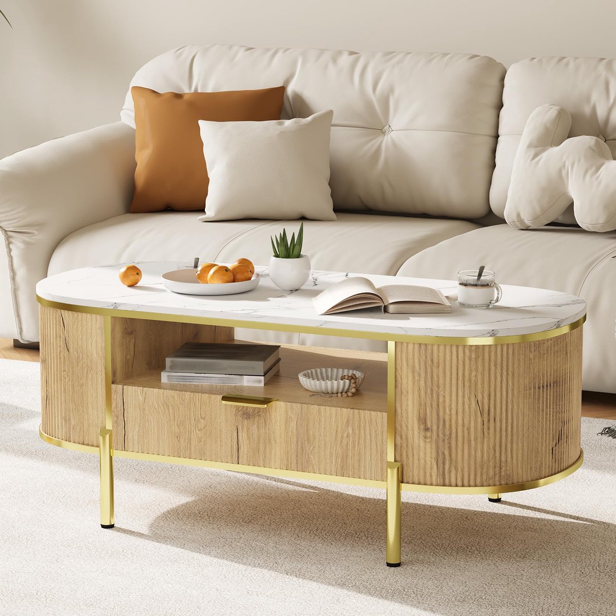 Ovale Salontafel - 122x56x48cm - Koffietafel - Imitatie Marmerlook MDF Tafelblad - Opberglade En Open Plank - MDF Middentafel - Voor Woonkamer - Houtkleur
