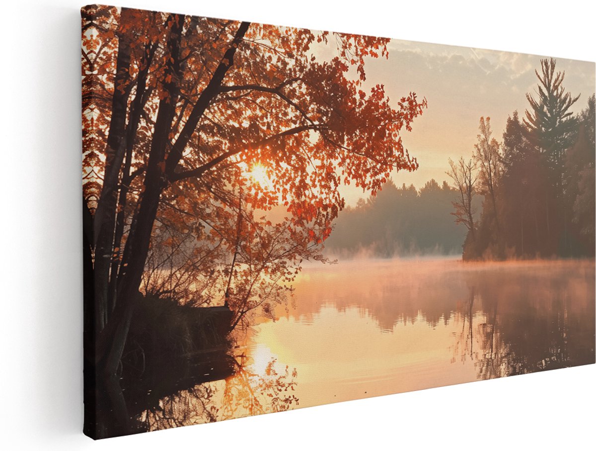 Artaza Canvas Schilderij Mistig Meer bij Zonsopgang - 180x90 cm - Groot - Klein - Wanddecoratie Woonkamer - Schilderijen - Muurdecoratie