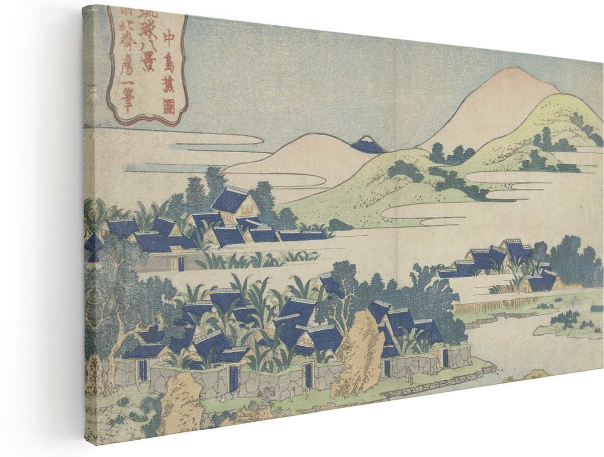 Artaza Canvas Schilderij Oosters Dorp - 180x90 cm - Groot - Wanddecoratie Japan - Muurdecoratie Houtsnede - Vintage Kamer Accessoires