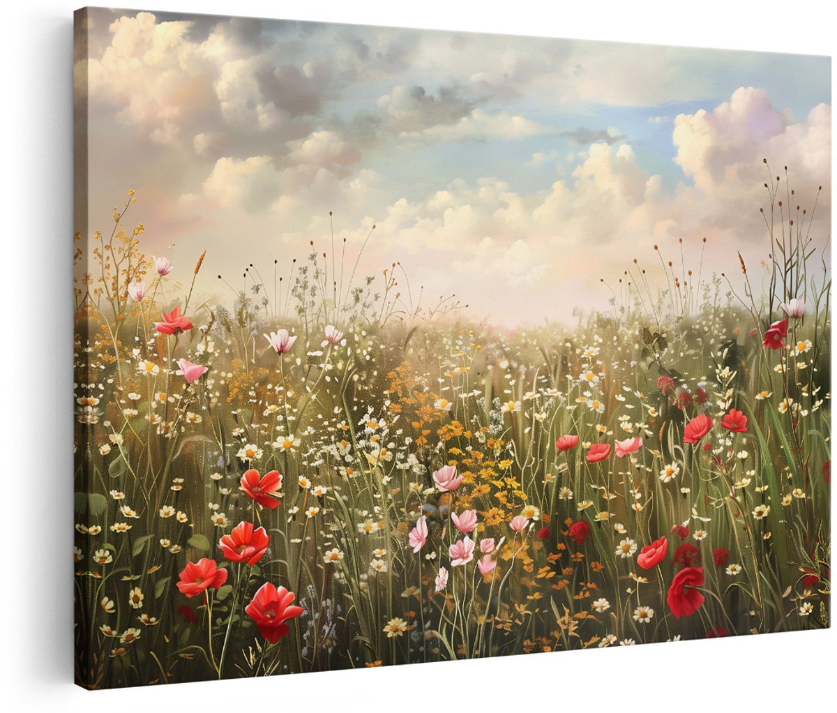 Artaza Canvas Schilderij Bloemenweide - 180x120 cm - Groot - Wanddecoratie Klaprozen - Muurdecoratie Landelijk - Decoratie Madeliefjes Natuur