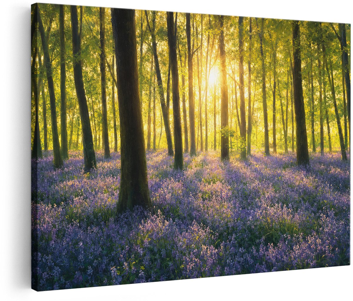 Artaza Canvas Schilderij Bos Met Bloemen - Zonlicht En Paarse Natuur - 180x120 cm - Groot - Wanddecoratie Woonkamer - Schilderijen - Muurdecoratie