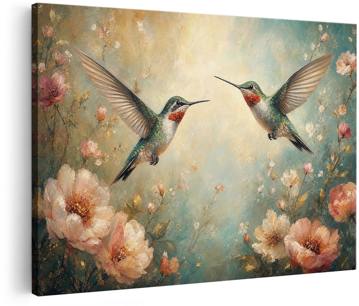 Artaza Canvas Schilderij Kolibries In Bloemen - Zachte Natuur - Abstract - 180x120 cm - Groot - Wanddecoratie Woonkamer - Schilderijen - Muurdecoratie