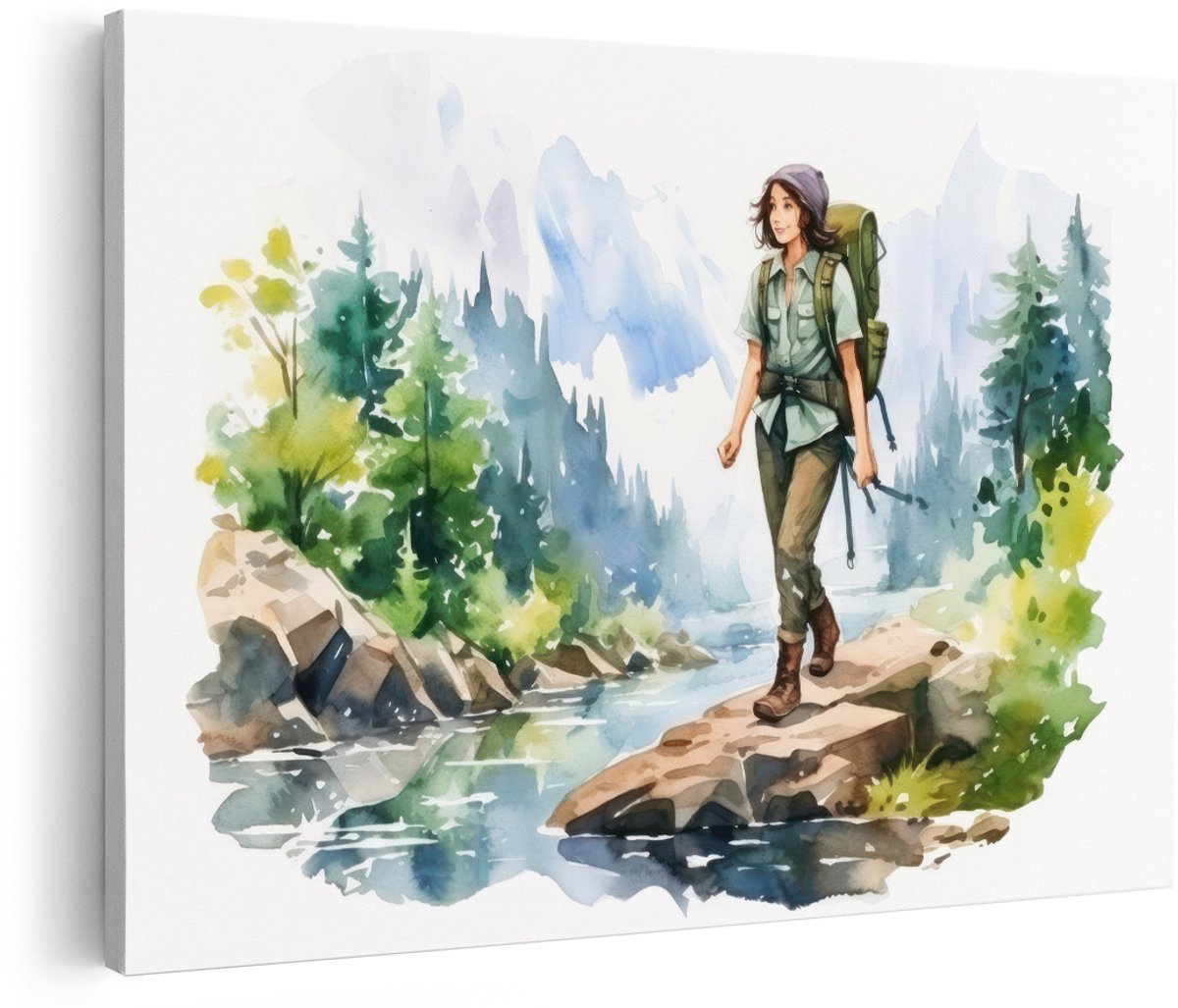 Artaza Canvas Schilderij Vrouw Backpacker - 180x120 cm - Groot - Wanddecoratie Natuur - Muurdecoratie Bergen Bos - Schilderijen Op Canvas Landschap