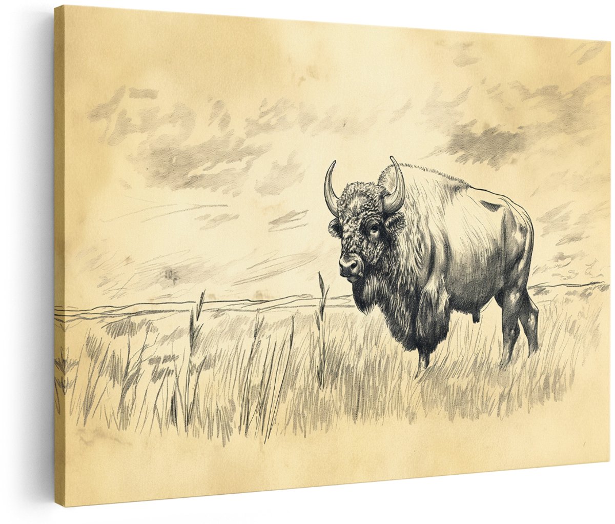 Artaza Canvas Schilderij Bizon - 180x120 cm - Groot - Wanddecoratie Dieren - Muurdecoratie Natuur Landschap - Decoratie Vintage Potloodtekening - Schilderijen Op Canvas