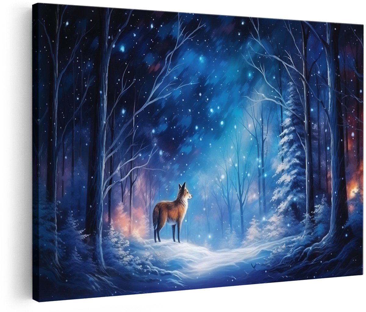 Artaza Canvas Schilderij Vos in het Winterse Bos - Tekening - 180x120 cm - Groot - Foto Op Canvas - Wanddecoratie Woonkamer